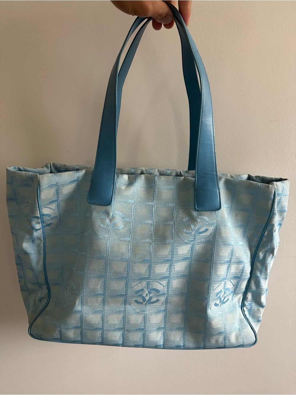 CHANEL Light Blue Pattern Jacquard Tote